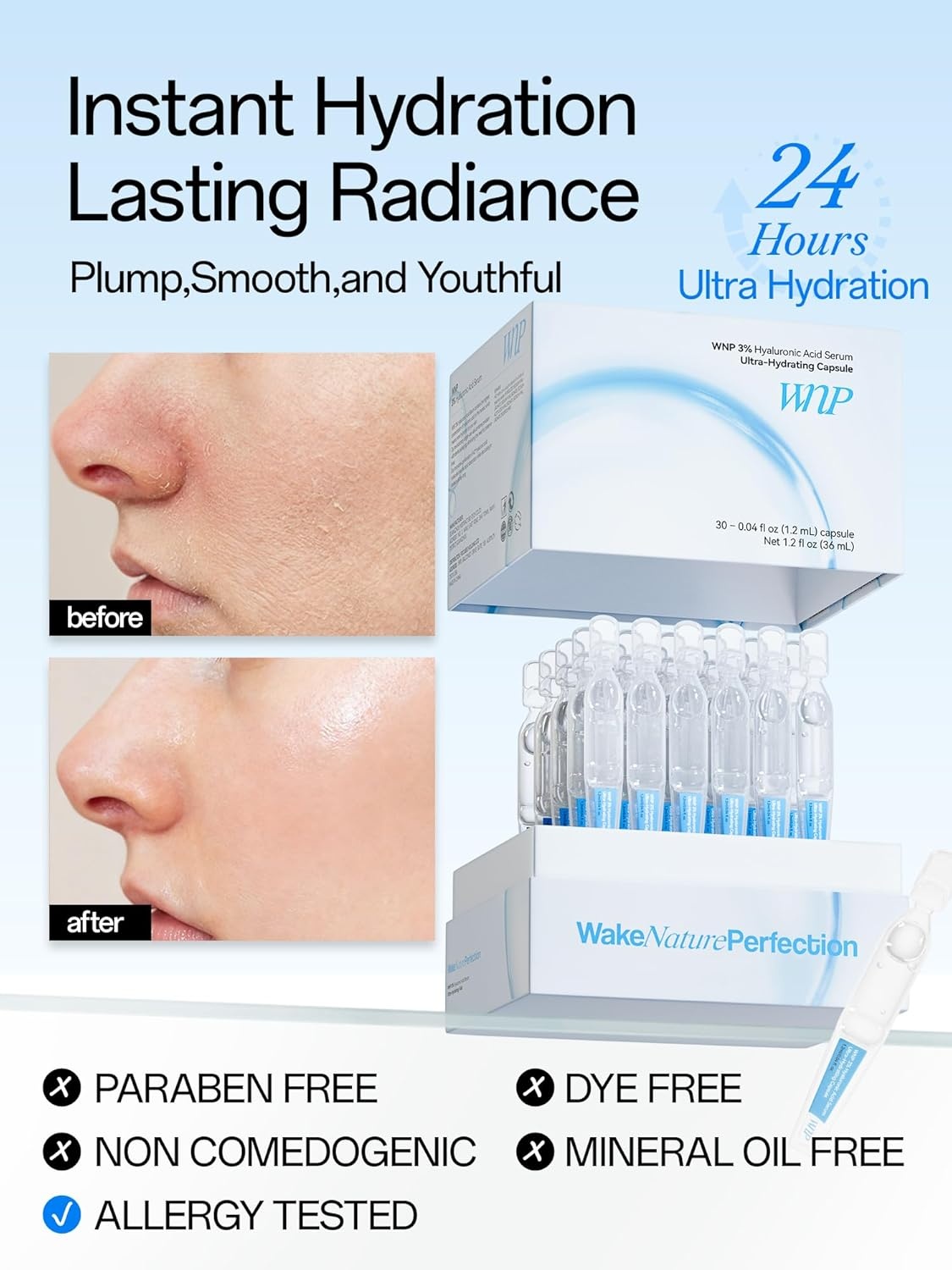 image:imageWNP Hyaluronic Acid Serum 3 for Face with 4D MultiLayer Hydration Ultra Hydrating AntiAging Serum Moisturizer for Dry amp Sensitive Skin PreMakeup Skincare SingleUse Vials 100PCS30 vials 36 ml